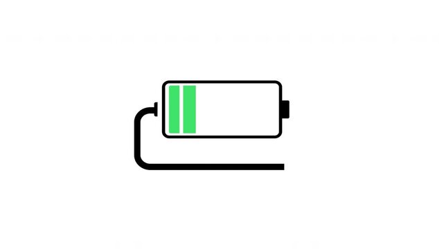 4K animation of a battery icon with a charging cable. With a transparent white and black background.