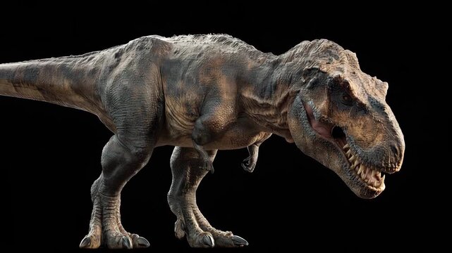4K Tyrannosaurus rex dinosaur roaring with open mouth, detailed realistic 3d rendering on black background video