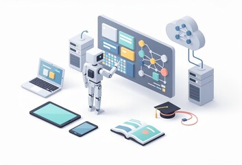 Obraz premium Advanced robotic interface interacting with innovative digital display showcasing network connections and educational resources in a modern tech environment