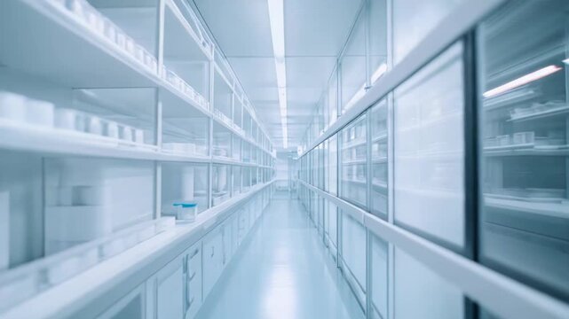 Cleanroom facility featuring white shelving units and closed cabinets along a sterile corridor, creating an environment optimized for scientific research and medical manufacturing