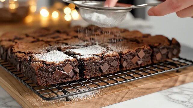 Close up of freshly baked brownies dusted with powdered sugar on a cooling rack