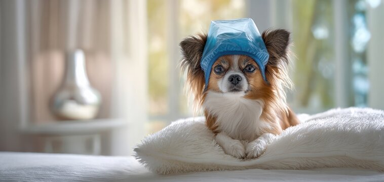 The Chihuahua Wearing a Blue Shower Cap Relaxing on a Plush White Pillow