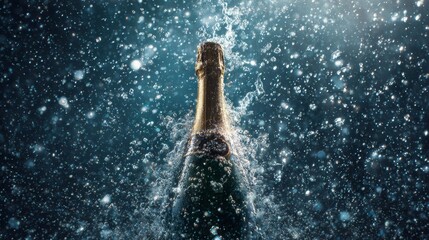 Vertical shot of a green glass champagne bottle being forcefully opened, creating a dramatic, wide plume of white.