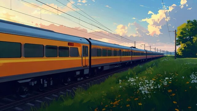An orange train speeds along tracks next to a grassy field at sunset