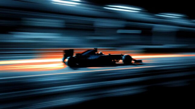 Formula 1 race car in motion blur with blue and orange light streaks
