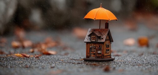 The Miniature House Sheltered Under an Orange Umbrella on a Rainy Autumn Street