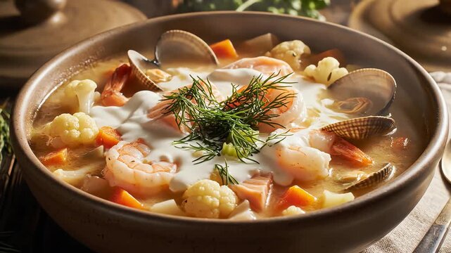 Close up of seafood chowder in a ceramic bowl for culinary presentation