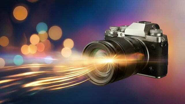 professional digital mirrorless camera on colorful bokeh background with dynamic light trails and lens flare