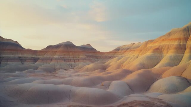 Banded hills and desert formations displaying unique erosion patterns and colorful stratifications under a soft, clear sky at sunrise, highlighting the stunning natural geology