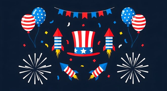Patriotic American celebration flat illustration with fireworks and balloons on dark background.