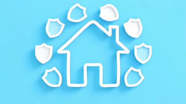 Home security system activation with a house icon surrounded by shields. Animated concept for property insurance, family safety and real estate protection on a blue background