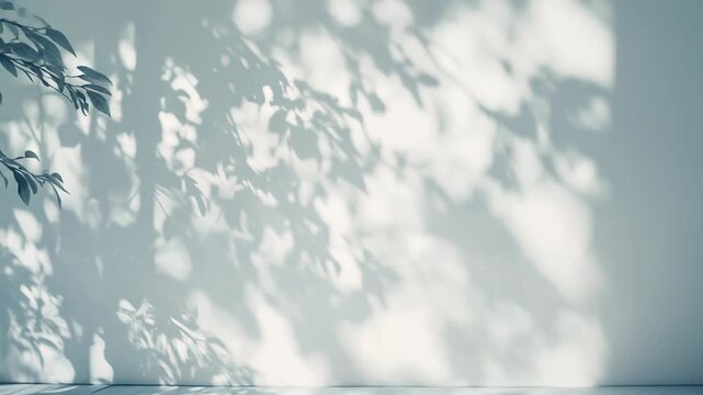 Sunlight creating a natural abstract pattern with soft leaf shadows dancing daily across a clean textured wall and empty concrete floor, providing tranquil background space