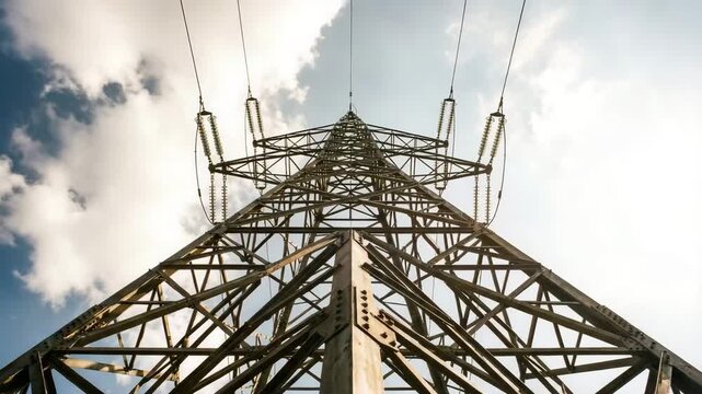 High Voltage Transmission Tower Low Angle View Against Sky