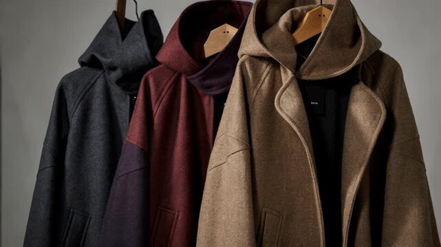 Midlength cloaks with dramatic hoods hanging gracefully highlighting rich textures and tailored cuts perfect for transitional weather fashion.
