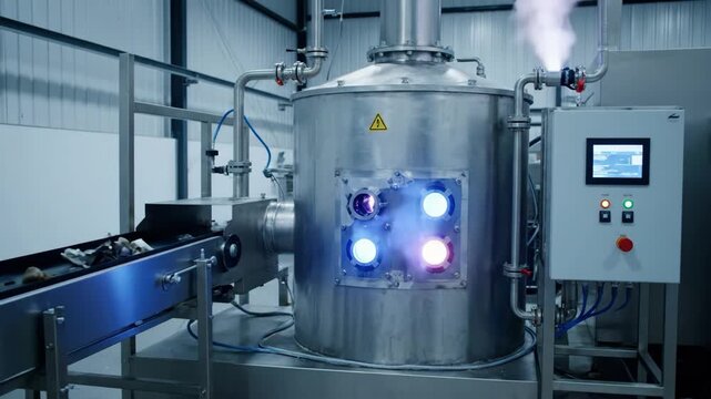 Industrial machine processing hazardous medical waste on an automated conveyor belt line. Advanced plasma gasification technology for safe disposal and environmental protection