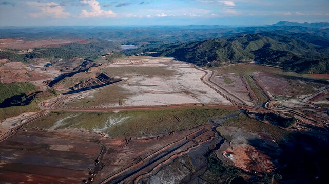 Aerial view of a mine undergoing closure and environmental remediation