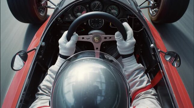 Pov of race car driver in vintage openwheel car speeding on track