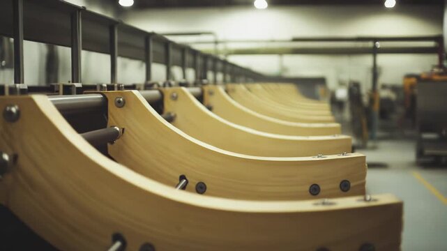 Rows of precisely shaped curved wooden components fixed with metal bolts, prepared for assembly or further processing within a woodworking manufacturing facility