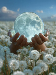 Two Hands Holding Iridescent Glass Moon