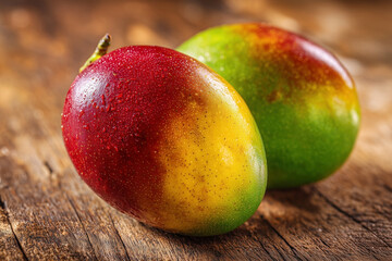 Two Mangoes On Wooden Table Close Up