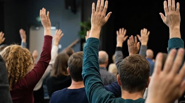 Engaged Audience Raising Hands in a Group Meeting or Conference, Symbolizing Participation and Collective Decision Making
