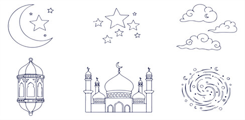 A collection of Ramadan-themed illustrations featuring a mosque, lantern, and celestial elements.