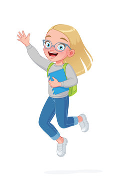 A cute little girl in eyeglasses is jumping excitedly and waving her hand. Cartoon vector illustration.