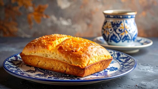 A golden loaf of bread on a blue patterned plate with a teacup