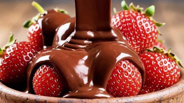A bowl of fresh strawberries being generously covered with melted chocolate