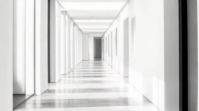 Long corridor showcasing minimalist architecture and design, featuring natural light creating striking shadow patterns on the glossy floor, evoking a sense of calm and clarity