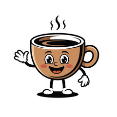 A cheerful cartoon coffee cup character waving a friendly greeting