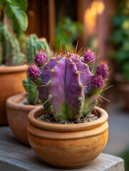 Purple cactus growing flower buds in terracotta pot