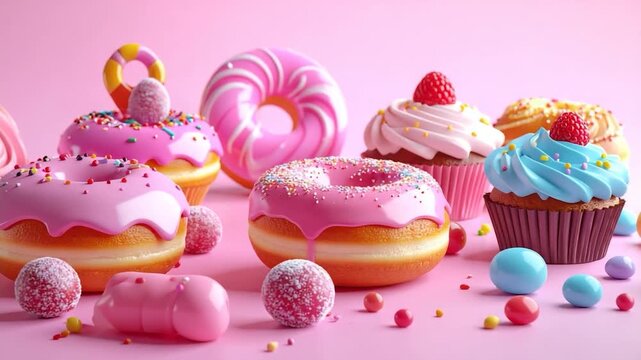 Pastel sweets, donuts, and cupcakes on pink, featuring sprinkles and details