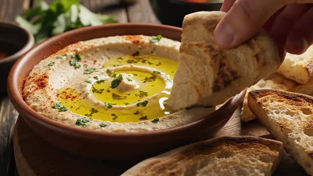 Hummus dip with olive oil and bread served on a wooden table