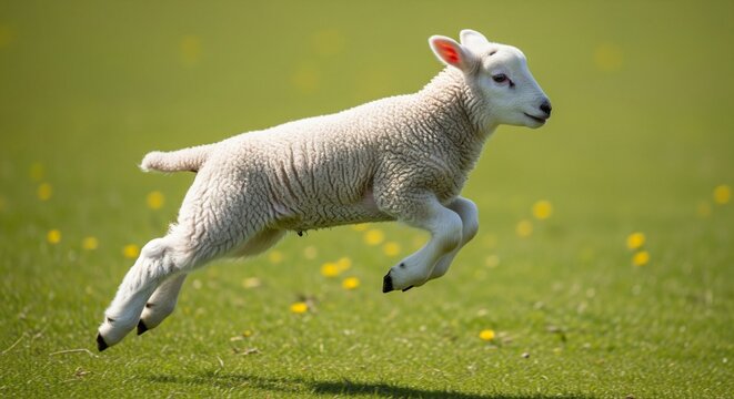 A cute white lamb jumping and frolicking in a green grassy field filled with tiny yellow flowers