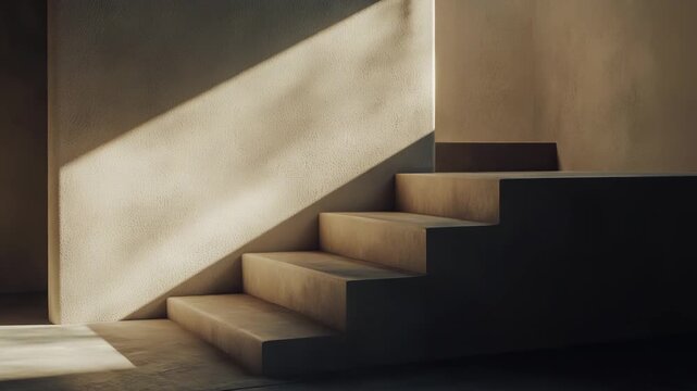 Minimalist concrete stairs ascending within an interior space, featuring a stark, diagonal shadow from natural light creating a strong geometric pattern on a textured wall