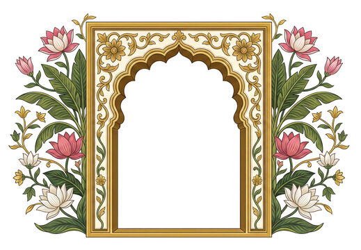 Ornate golden arched doorway framed with delicate pink and white lotus flowers and green foliage