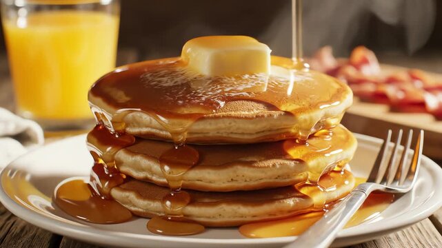 Stack of pancakes with syrup pouring on top and orange juice