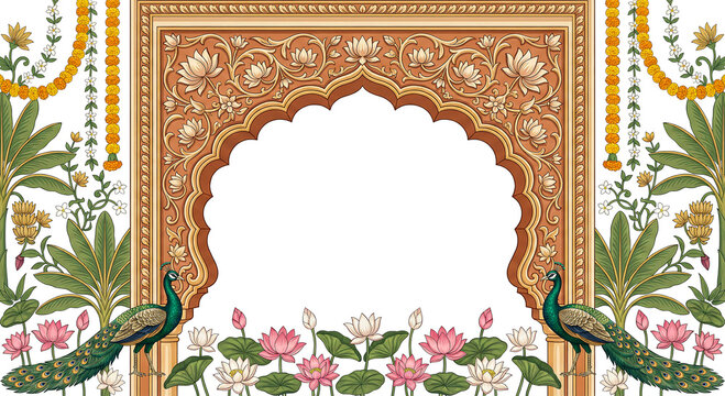 Ornate indian archway decorated with flowers peacocks and symmetrical garlands in a traditional style