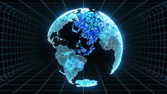 Globe made of digital dots shows continents and ocean details in blue color with grid lines around it