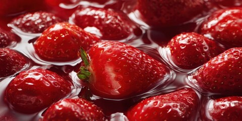 The Strawberries Floating in Glimmering Syrup Closeup Showing Juicy Fresh Red Texture
