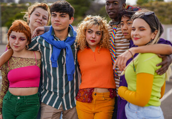 Group of multiracial young people hugging each other outdoor - Diverse students having fun together - Friendship, lifestyle and connection concept