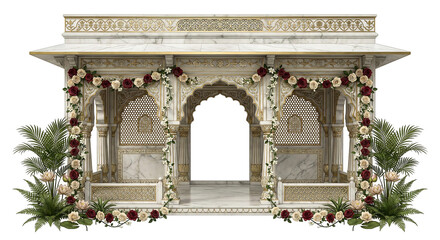 Fototapeta premium Ornate marble indian pavilion with floral decorations a traditional architectural element isolated on white background