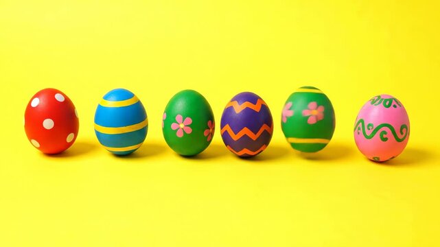 Creative stop motion animation of colorful easter eggs in a row on a yellow surface. One unique egg spins and magically levitates, symbolizing individuality and holiday fun