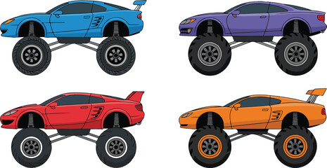Colorful Monster Truck Outline Icon Set Off-Road Racing Vehicles © israena