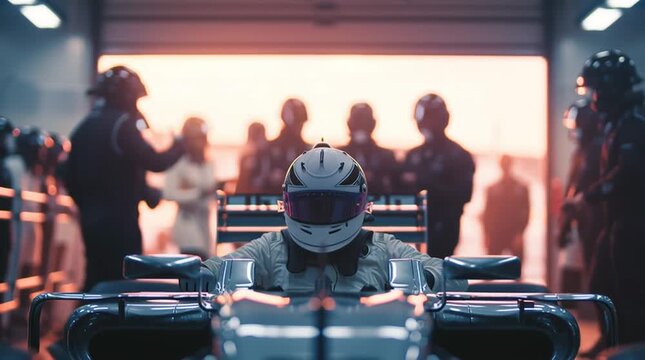 Formula 1 driver in cockpit preparing for race in pit lane with team