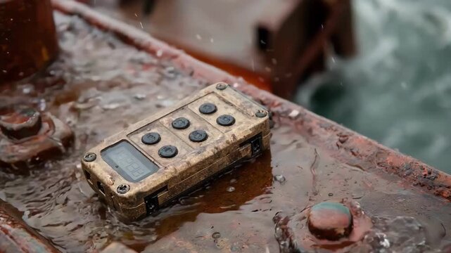 Medium shot of a marinegrade waterproof pager enclosure on a dock highlighting corrosionresistant materials and secure buttons against splashing seawater.