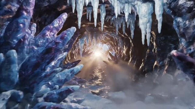 Exploring a crystal cave with ice formations and lights shining in the background during a daytime excursion