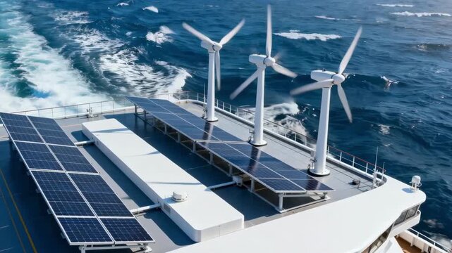 Medium shot of hybrid solar and wind power units mounted on a ship emphasizing innovative renewable energy use at sea