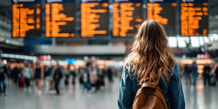 The woman with backpack waiting at busy station departure display in crowd